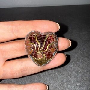 Heart Brooch multi media with Red and Gold Accents vintage
